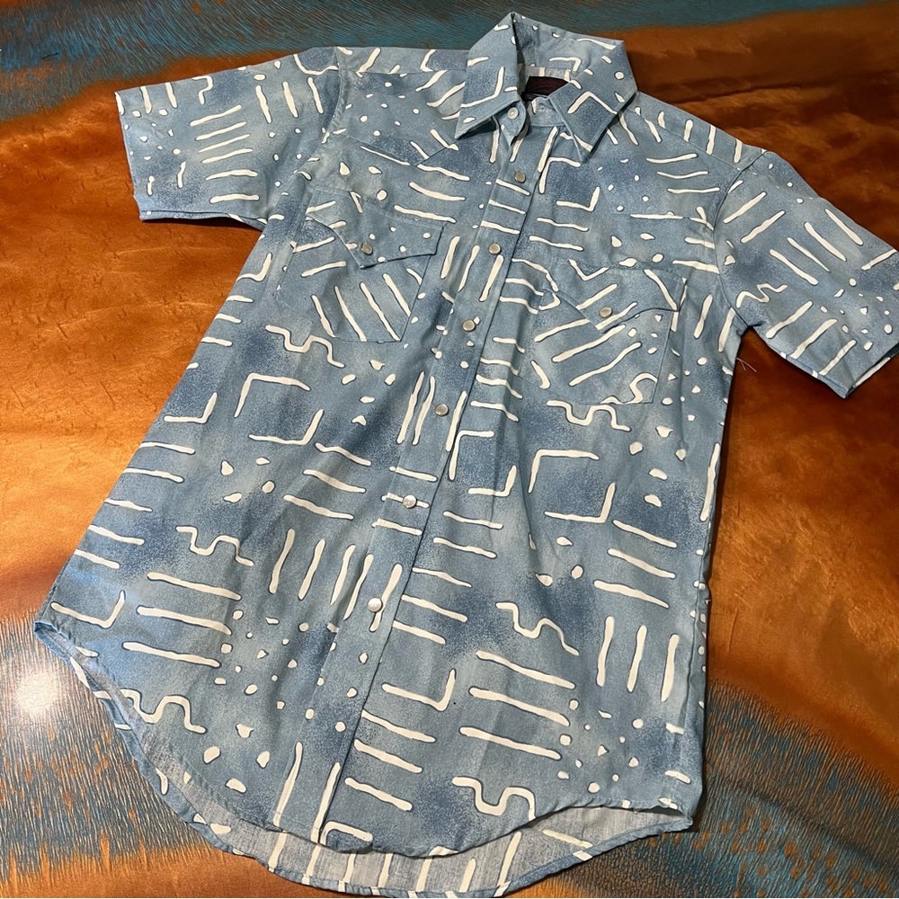 Vintage 70s Winchester Pearl Snap button down Blue Patterned Shirt small nos